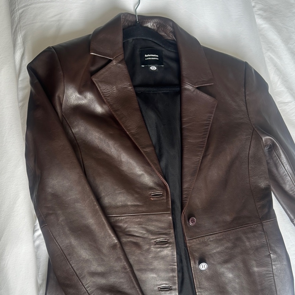 Reformation Laura harrier burgundy maroon brown leather trench coat